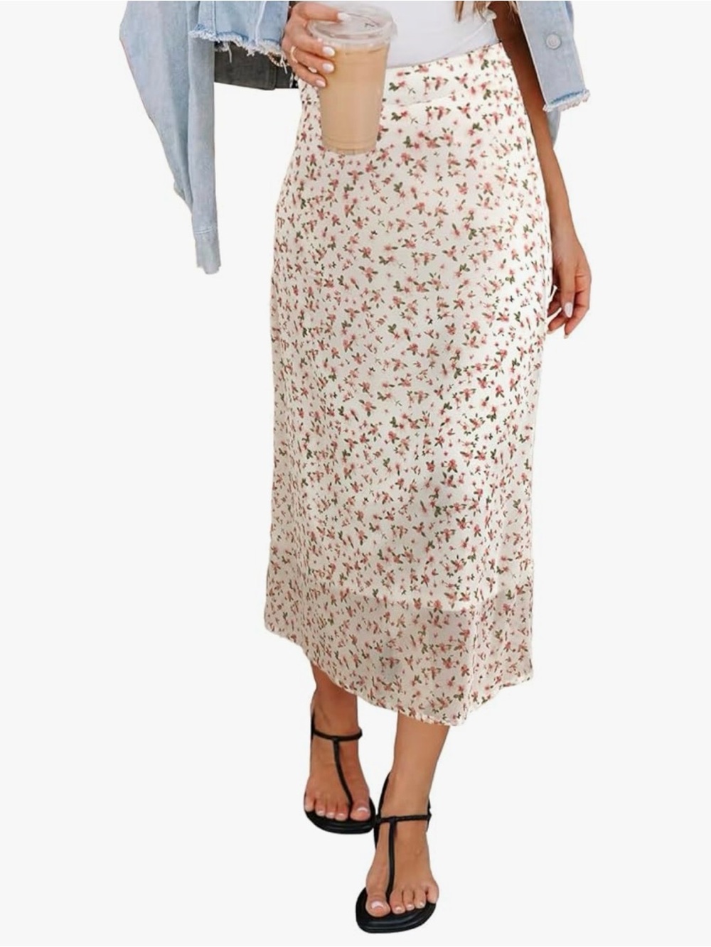 White Floral Midi Skirt with Pink Red Accents